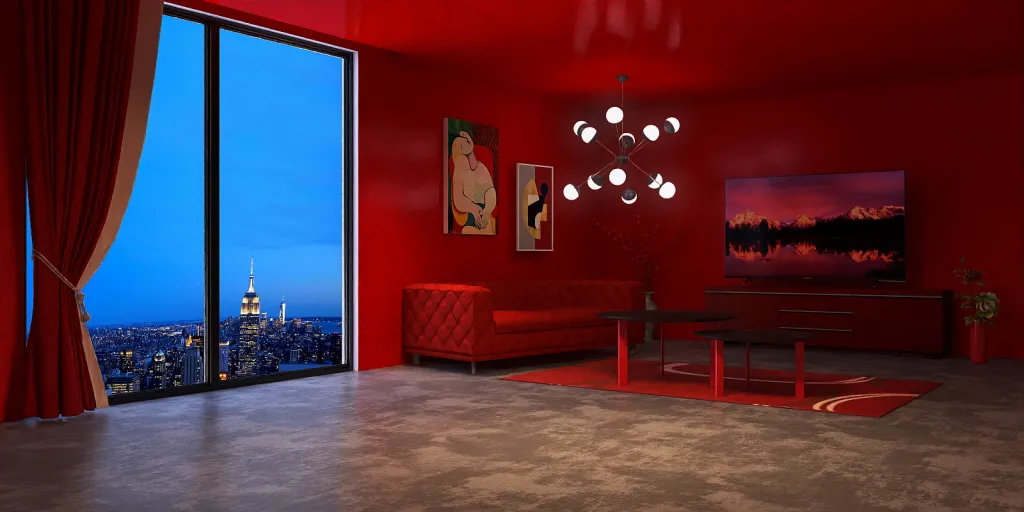 a red couch in a room with a red wall 