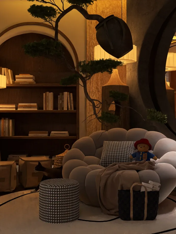 Cozy living room with a plush circular sofa arrangement, showcasing a contemporary interior design style, ideal for enhancing comfort and aesthetics in small spaces. Features Homestyler's real-time 3D rendering to visualize layout options.