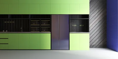 modern kitchen design showcasing vibrant green cabinets and sleek appliances, highlighting the innovative use of color and space efficiency, utilizing Homestyler's real-time 3D rendering feature for enhanced design accuracy.