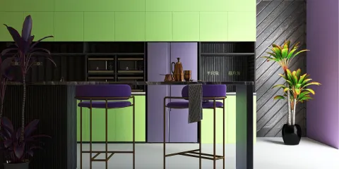 vibrant kitchen with green and purple cabinets featuring stylish bar stools, emphasizing modern interior design and smart furniture arrangement with Homestyler’s real-time 3D rendering