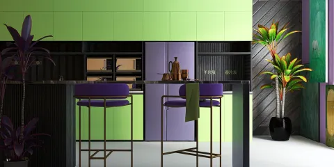 modern kitchen with green and purple cabinets featuring stylish bar stools and indoor plants showcasing vibrant decor ideas for contemporary interior design, utilizing Homestyler's real-time 3D rendering.