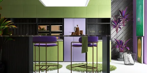 modern kitchen with vibrant green and purple cabinetry featuring smart furniture arrangement and innovative design elements, showcasing the interior decor capabilities of Homestyler with real-time 3D rendering features.