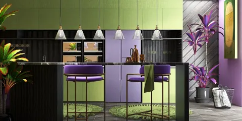 Modern kitchen design featuring vibrant green and purple color scheme, showcasing furniture arrangement with an emphasis on space optimization using Homestyler's intelligent furniture layout feature.