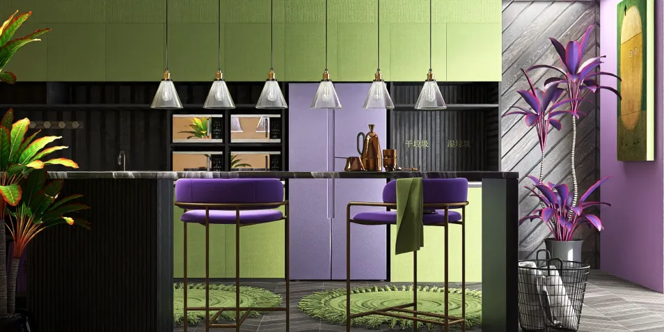 vibrant kitchen design featuring purple and green color scheme with modern bar stools, showcasing the functionality of Homestyler's real-time 3D rendering for interior design visualization
