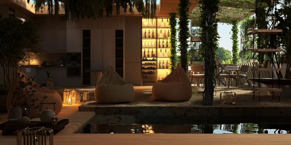 cozy outdoor lounge area featuring bean bags and dining space surrounded by greenery, showcasing modern outdoor design style, incorporating Homestyler's real-time 3D rendering feature to visualize space layout effectively.