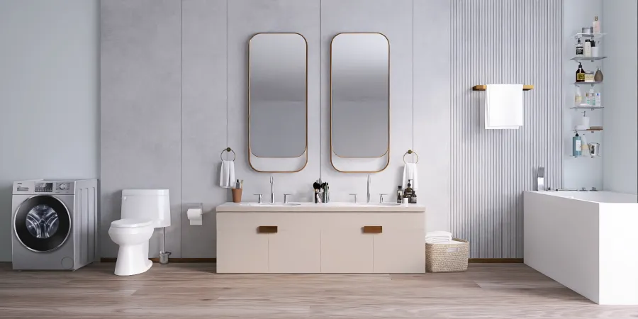 a bathroom with a sink, toilet and mirror 