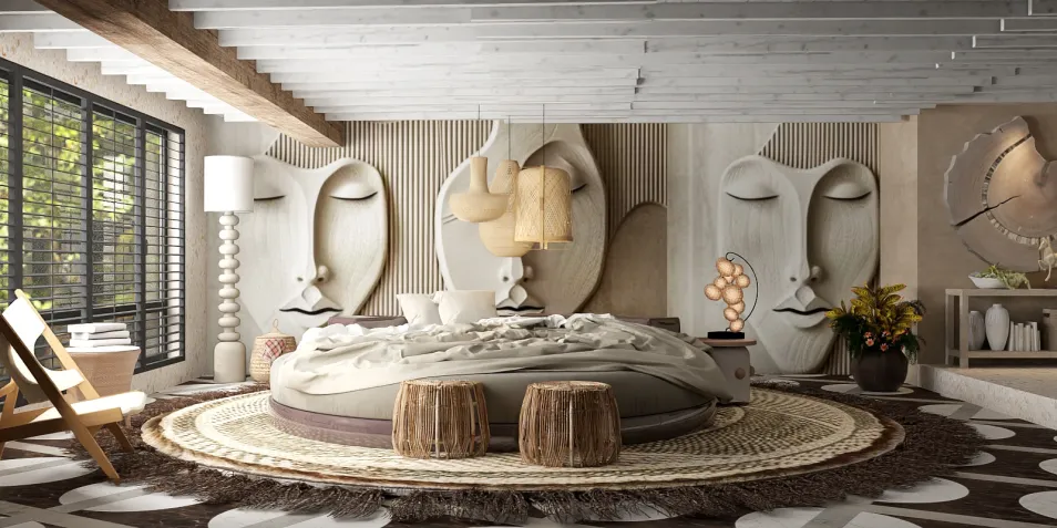Stylish bedroom featuring unique wall art with oversized faces, showcasing a modern and artistic design in a cozy, contemporary space; includes interior decor elements like a round rug and wooden furniture, utilizing Homestyler's 3D rendering feature for realistic design previews.
