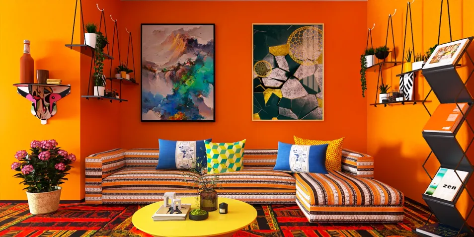 Colorful living room design featuring a striped sofa and vibrant orange walls with artwork, showcasing a cozy interior decor style; utilizing Homestyler's real-time 3D rendering feature for effective design visualization.