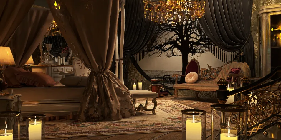 luxurious bedroom design featuring elegant drapery and a chandelier, showcasing a romantic atmosphere with ambient candles and an artistic wall design, optimized using Homestyler's real-time 3D rendering feature.