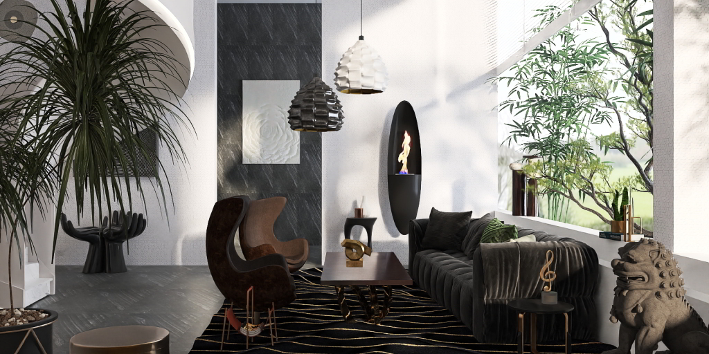 a room with a table, chairs, and a large mirror 