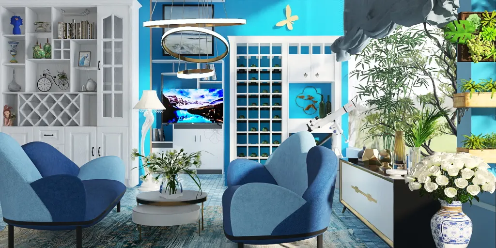 a living room with a blue couch and a blue chair 
