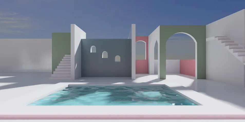 modern architectural poolside with colorful walls and unique shapes featuring a 3D rendering style, showcasing the immersive design experience of Homestyler.