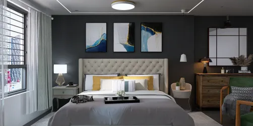Quarto casal com cores destaque nos acessórios 