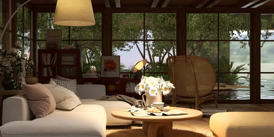 cozy living room with a natural view featuring modern furniture arrangement in a contemporary style, enhancing indoor comfort with Homestyler's real-time 3D rendering feature.