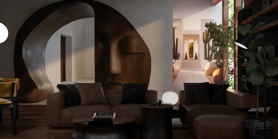 modern living room featuring a unique wall sculpture and cozy seating arrangement, showcasing an inviting atmosphere with natural elements; interior decor using Homestyler's real-time 3D rendering feature for instant design previews.