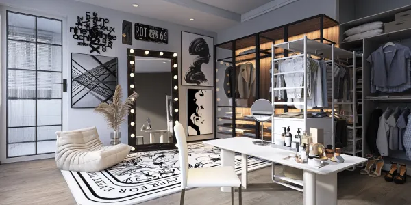 Stylish home dressing room showcasing a modern layout with functional furniture arrangement, featuring an elegant vanity mirror and organized storage, emphasizing interior decor aesthetics; utilizing Homestyler's real-time 3D rendering for design proposal visualization.