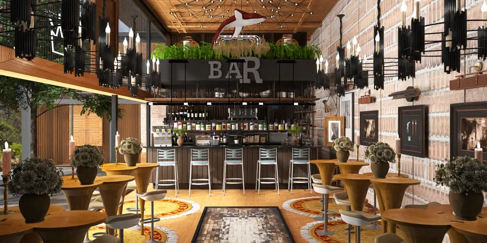 restaurant bar interior design featuring a modern bar with greenery decoration, warm wooden ceiling, and stylish round tables, showcasing Homestyler's real-time 3D rendering feature for effective design proposals.