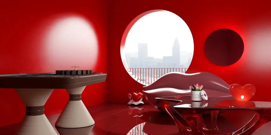 a red and white bathroom with a red and white toilet 