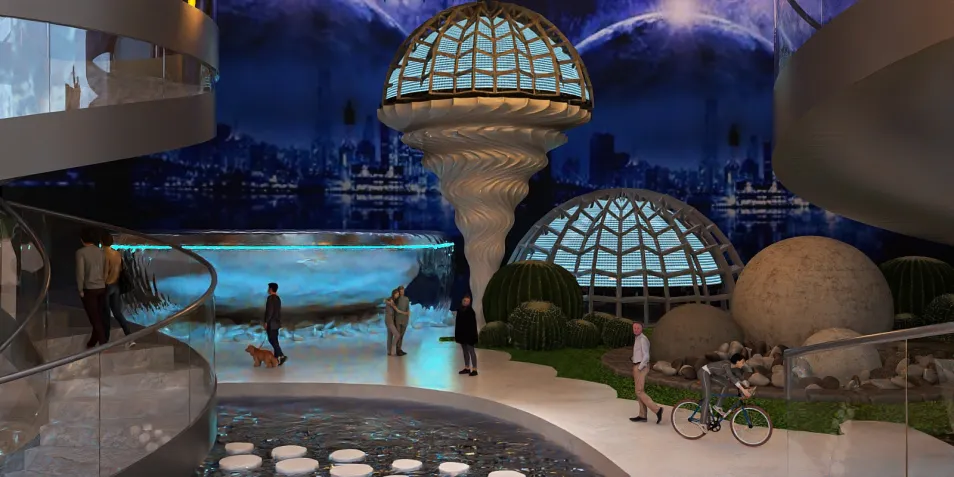 futuristic interior design featuring unique architectural elements and aquatic features, showcasing a modern aesthetic with an emphasis on spaciousness and innovation, utilizing Homestyler's real-time 3D rendering for design visualization.