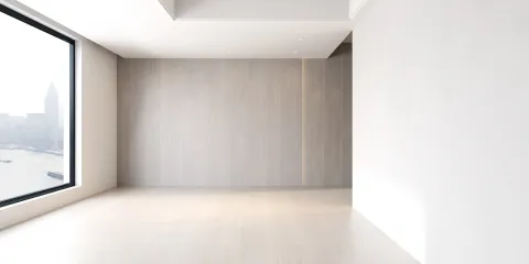 empty room with large window showcasing a city view, planning interior layout, modern minimalist style, utilizing Homestyler's real-time 3D rendering feature