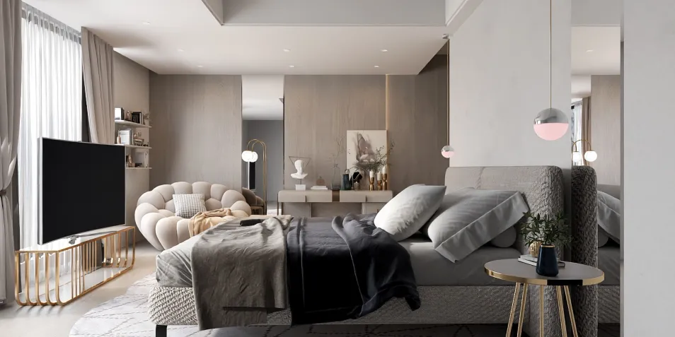 sleek bedroom design featuring a modern bed and stylish lounge chair, showcasing a contemporary aesthetic with space optimization in mind, utilizing Homestyler's smart furniture arrangement feature
