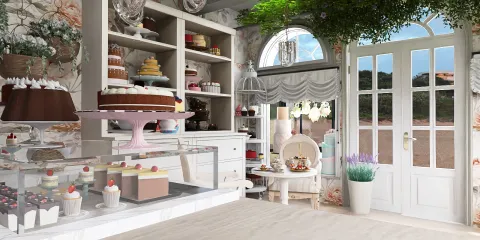 a bakery interior showcasing a display of desserts and pastries, featuring a charming design with floral wallpaper and natural light streaming in through large windows, utilizing Homestyler's real-time 3D rendering for an immersive design presentation