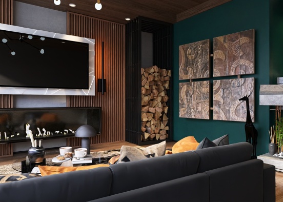 wood panel media wall livingroom Design Rendering