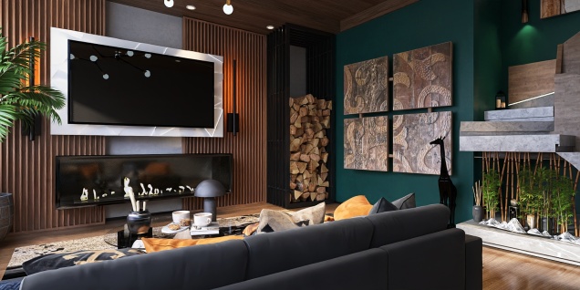 wood panel media wall livingroom