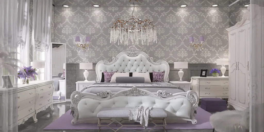 a bedroom with a large bed and a large mirror 