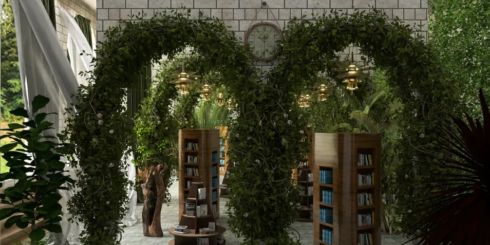 green archways with plants creating a natural library space design, showcasing an eco-friendly indoor decor aesthetic, featuring Homestyler's real-time 3D rendering functionality.
