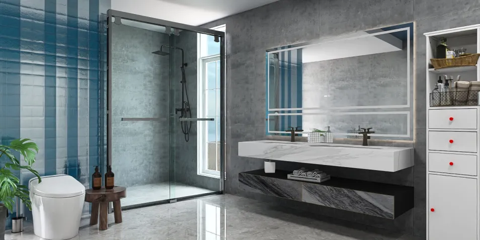 Modern bathroom design featuring a sleek vanity and shower area with a contemporary style, showcasing interior decor elements while utilizing Homestyler's real-time 3D rendering feature for design previews.