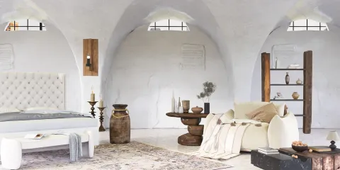 modern bedroom design featuring a tufted bed and rustic decor elements in a minimalist style, showcasing interior decor ideas with Homestyler's real-time 3D rendering feature.