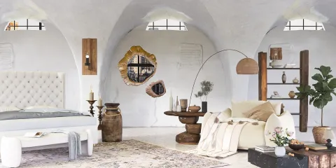 elegant bedroom design featuring a cozy bed and inviting seating area with modern decor, showcasing an earthy style that enhances the overall comfort and aesthetic appeal of the interior space, with Homestyler's real-time 3D rendering function.