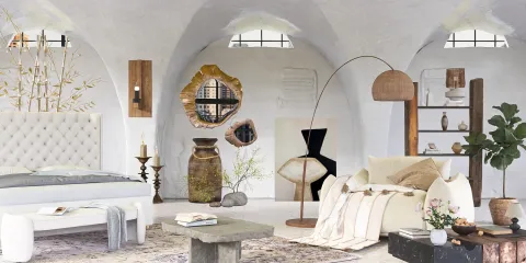 A stylish bedroom with a comfortable bed, elegant furniture arrangement, and modern decor elements, showcasing a contemporary interior design that utilizes Homestyler's real-time 3D rendering feature for an immersive design experience.