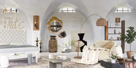 Modern bedroom interior design featuring a stylish bed and decorative elements, showcasing a minimalist aesthetic, utilizing Homestyler's real-time 3D rendering for quick design proposal visualizations.