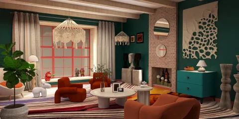 colorful living room design featuring vibrant furniture arrangements and eclectic decor styles, showcasing Homestyler's real-time 3D rendering feature for effective design proposal presentations.