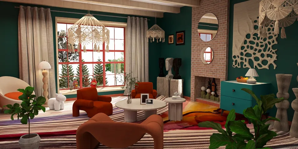 vibrant living room design showcasing furniture arrangement in a bohemian style, enhancing an inviting atmosphere with Homestyler's real-time 3D rendering feature.