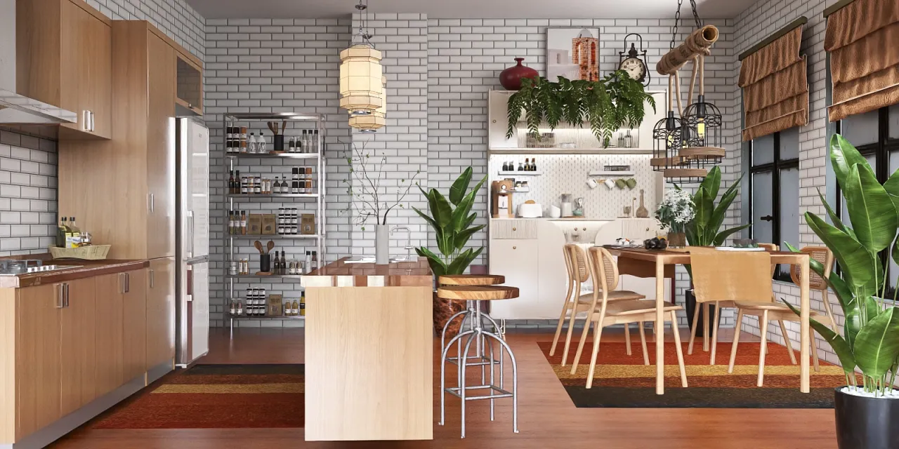 a kitchen with a table and chairs and a refrigerator 