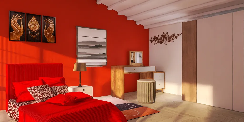 a red and white bed in a room with a red wall 
