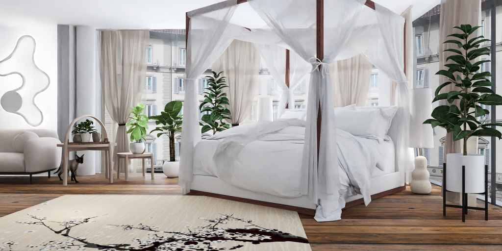 a bed with a canopy and a white bedspread 