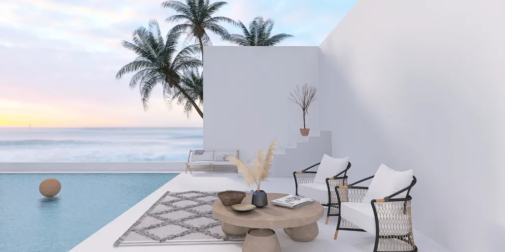 a beach with a table and chairs and a pool 