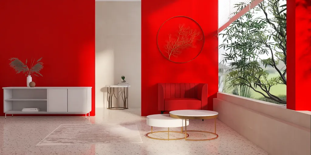 a living room with a red couch and a red wall 