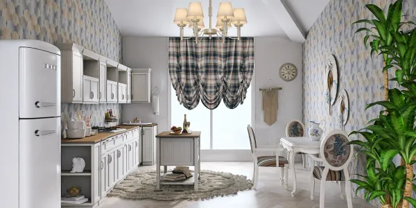 Kitchen interior featuring a cozy farmhouse design with a central island, using real-time 3D rendering for visualizing the layout, enhancing the warm and inviting space.