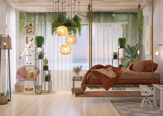 Boho bedroom with warm tones Design Rendering