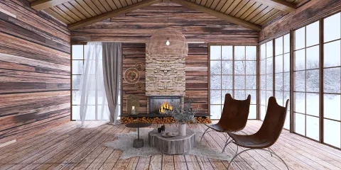 cozy wooden living room featuring a rustic stone fireplace, decorated with natural materials and warm tones, optimizing small space with intelligent furniture arrangement using Homestyler's real-time 3D rendering.