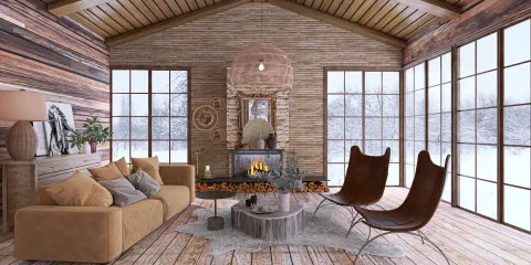 cozy living room with wooden accents featuring a sofa and armchairs designed for interior decor, utilizing Homestyler's real-time 3D rendering for an immersive experience in a rustic style.