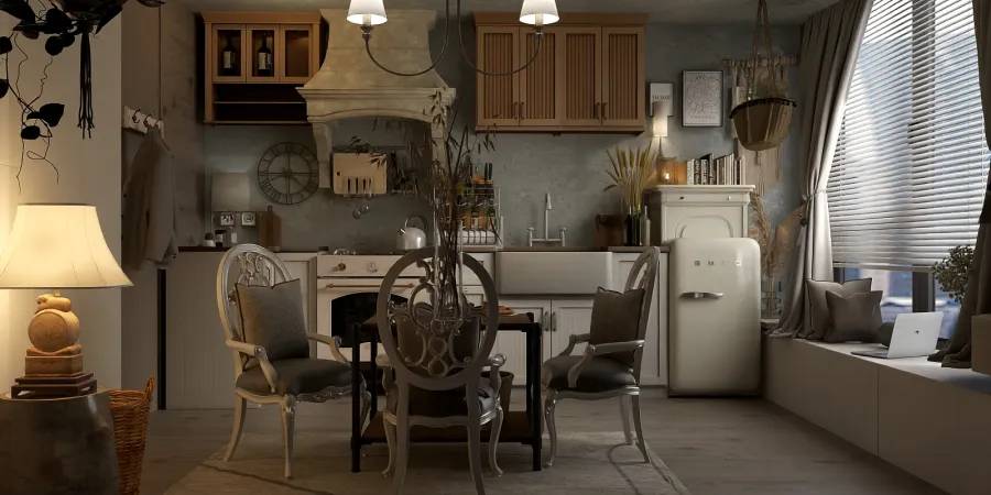 a kitchen with a table, chairs, and a lamp 