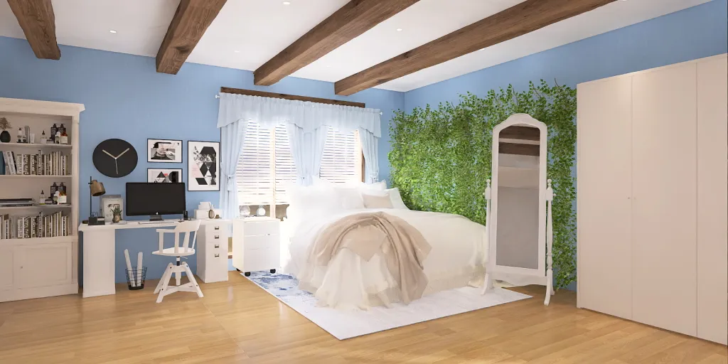 a bedroom with a white bed and a blue wall 