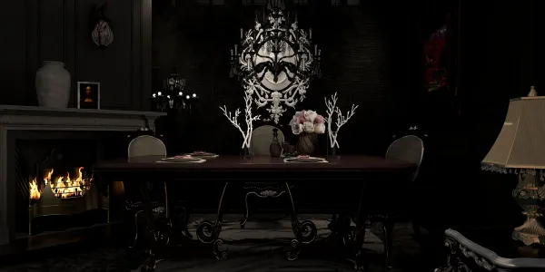 Elegant dining room featuring a dark wood table set for a meal, with luxurious decor including a black backdrop and chandelier, showcasing modern interior design using Homestyler's real-time 3D rendering for quick visual previews.