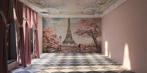 empty interior room with a mural of the Eiffel Tower and cherry blossoms, showcasing a romantic Parisian style, utilizing Homestyler's real-time 3D rendering feature to preview renovation effects.